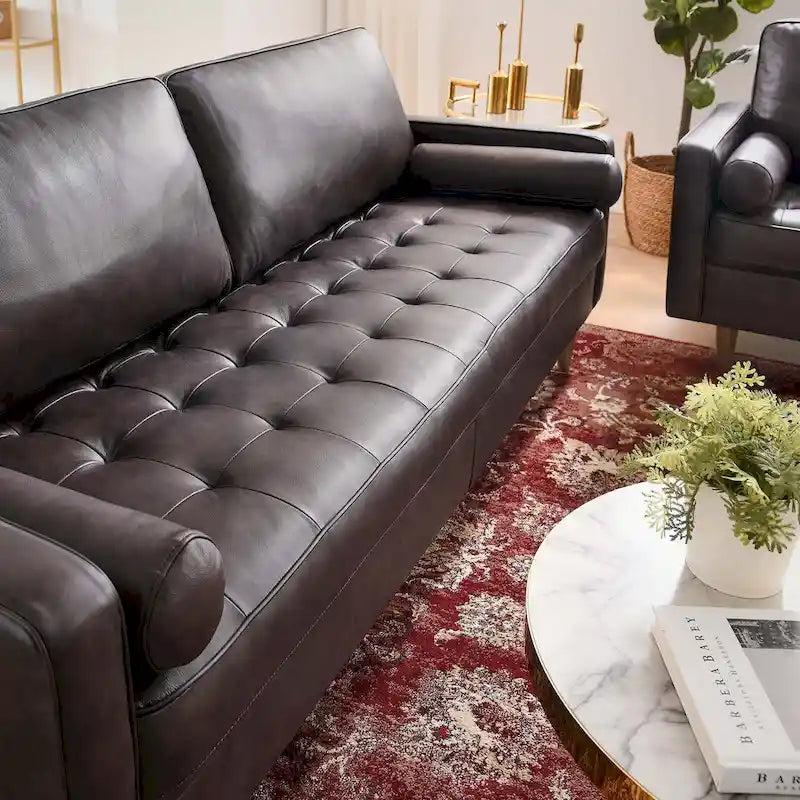 81-Inch Mid-Century Modern Top Grain Leather Sofa with Biscuit Tufting