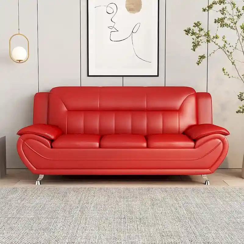 Mid-Century Modern Sofa with Bonded Leather Upholstery and Stainless Steel Legs
