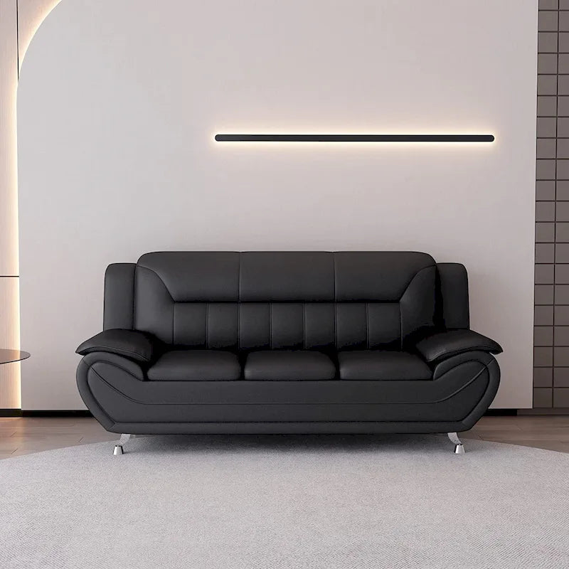 Mid-Century Modern Sofa with Bonded Leather Upholstery and Stainless Steel Legs