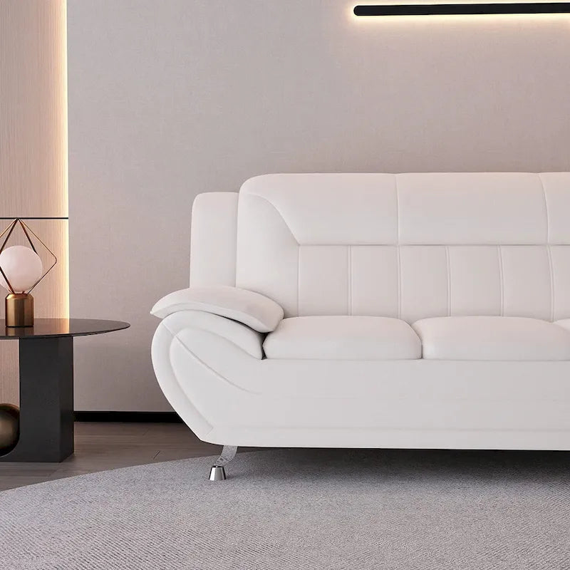 Canapé moderne du milieu du siècle avec revêtement en cuir reconstitué et pieds en acier inoxydable