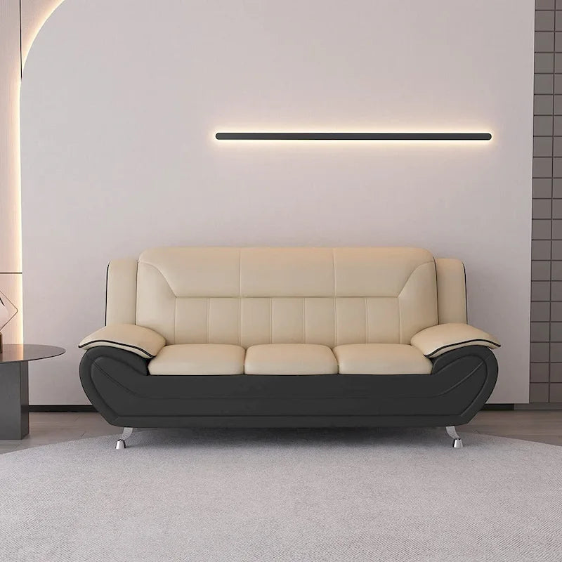 Mid-Century Modern Sofa with Bonded Leather Upholstery and Stainless Steel Legs