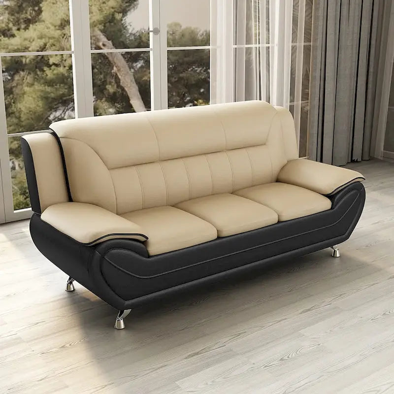 Canapé moderne du milieu du siècle avec revêtement en cuir reconstitué et pieds en acier inoxydable