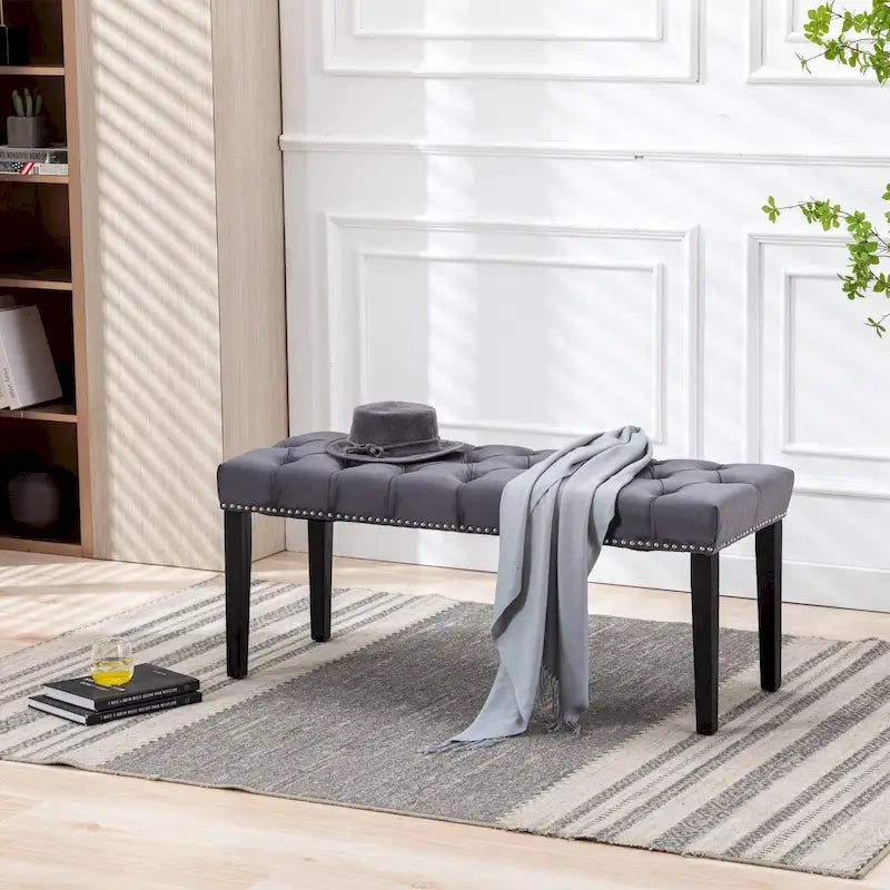 Banc capitonné en velours avec pieds en bois d'hévéa
