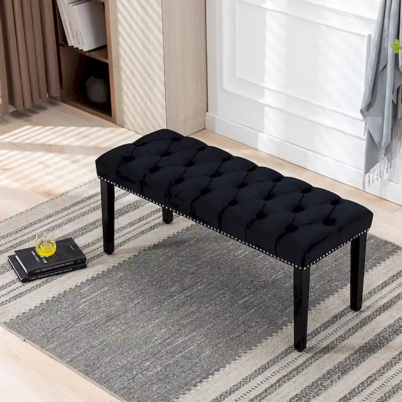 Banc capitonné en velours avec pieds en bois d'hévéa