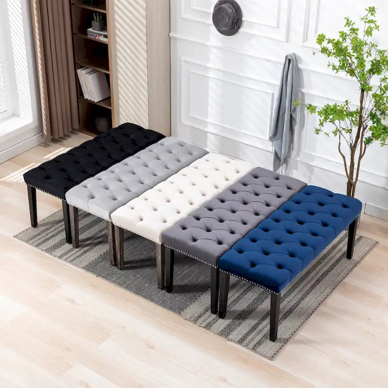 Banc capitonné en velours avec pieds en bois d'hévéa