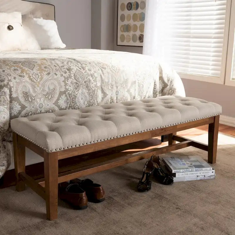 Contemporary Button-Tufted Fabric Bench with Walnut Wood Frame