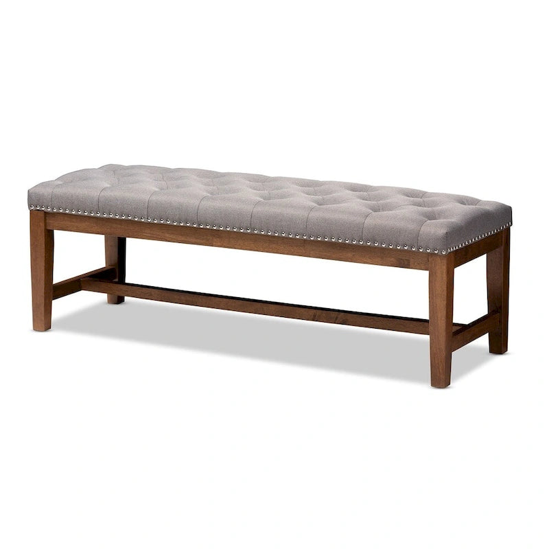 Contemporary Button-Tufted Fabric Bench with Walnut Wood Frame