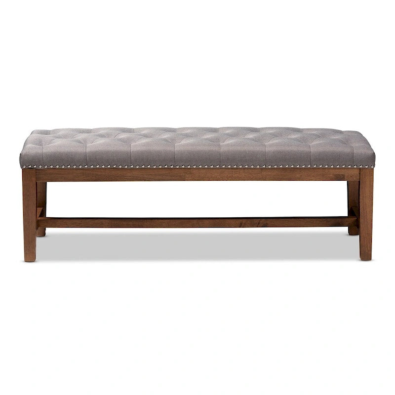 Contemporary Button-Tufted Fabric Bench with Walnut Wood Frame