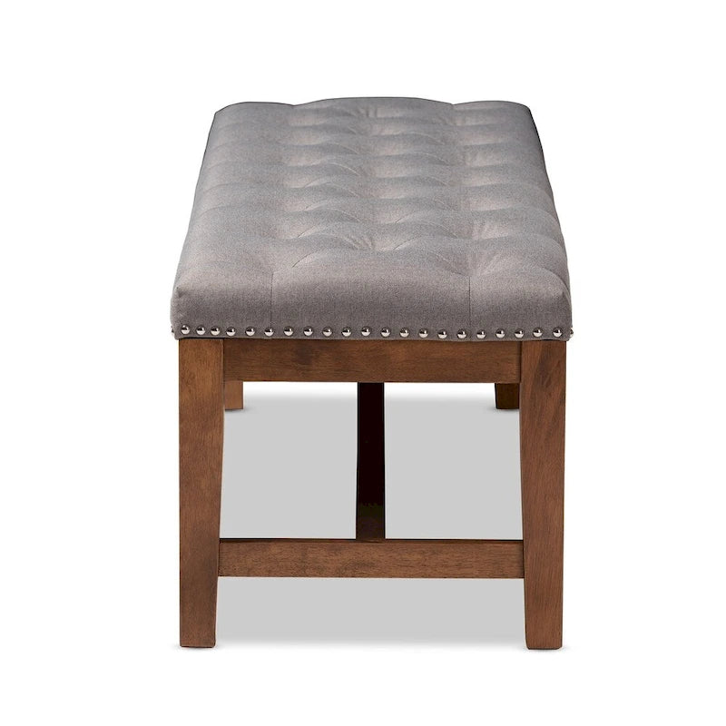 Contemporary Button-Tufted Fabric Bench with Walnut Wood Frame