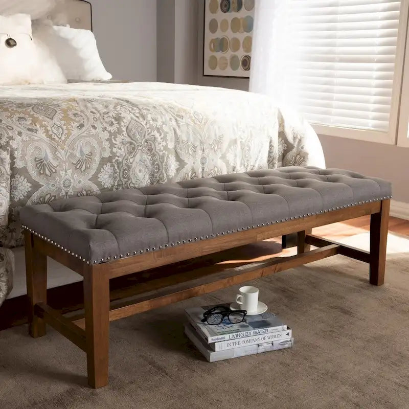 Contemporary Button-Tufted Fabric Bench with Walnut Wood Frame
