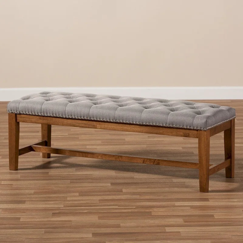 Contemporary Button-Tufted Fabric Bench with Walnut Wood Frame