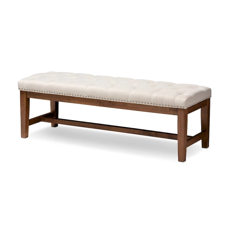 Contemporary Button-Tufted Fabric Bench with Walnut Wood Frame