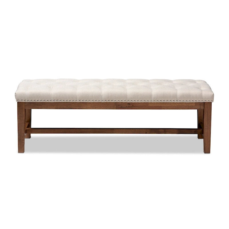 Contemporary Button-Tufted Fabric Bench with Walnut Wood Frame
