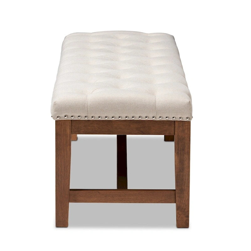 Contemporary Button-Tufted Fabric Bench with Walnut Wood Frame