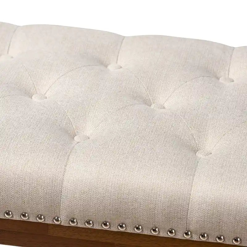 Contemporary Button-Tufted Fabric Bench with Walnut Wood Frame