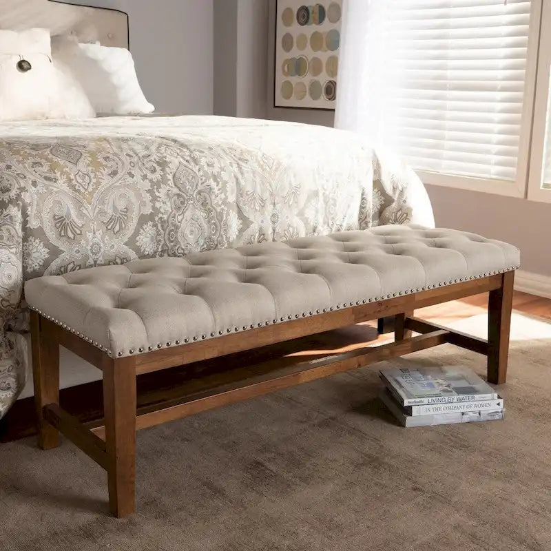 Contemporary Button-Tufted Fabric Bench with Walnut Wood Frame