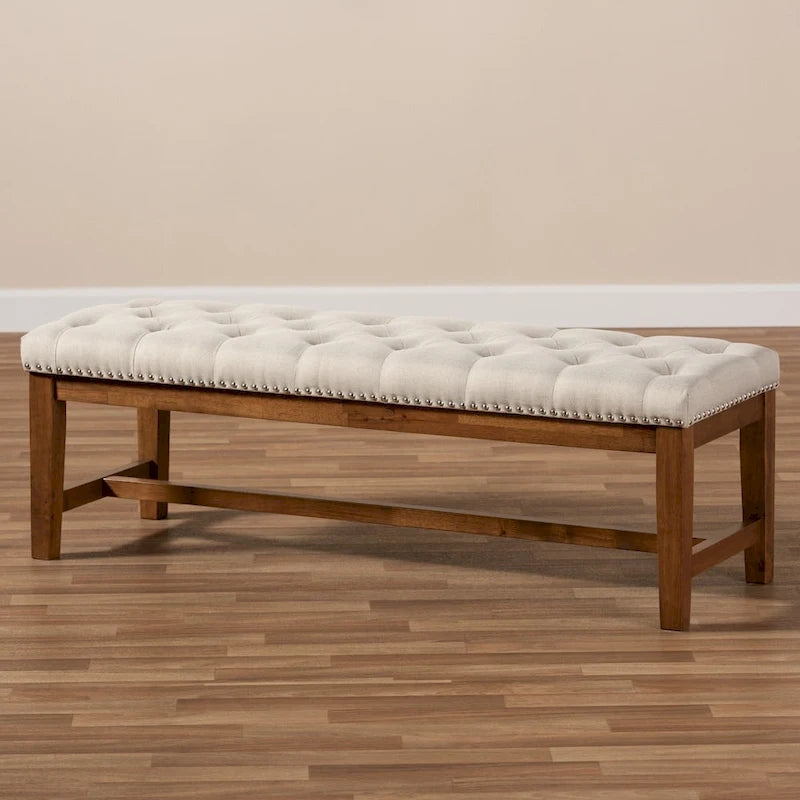 Contemporary Button-Tufted Fabric Bench with Walnut Wood Frame