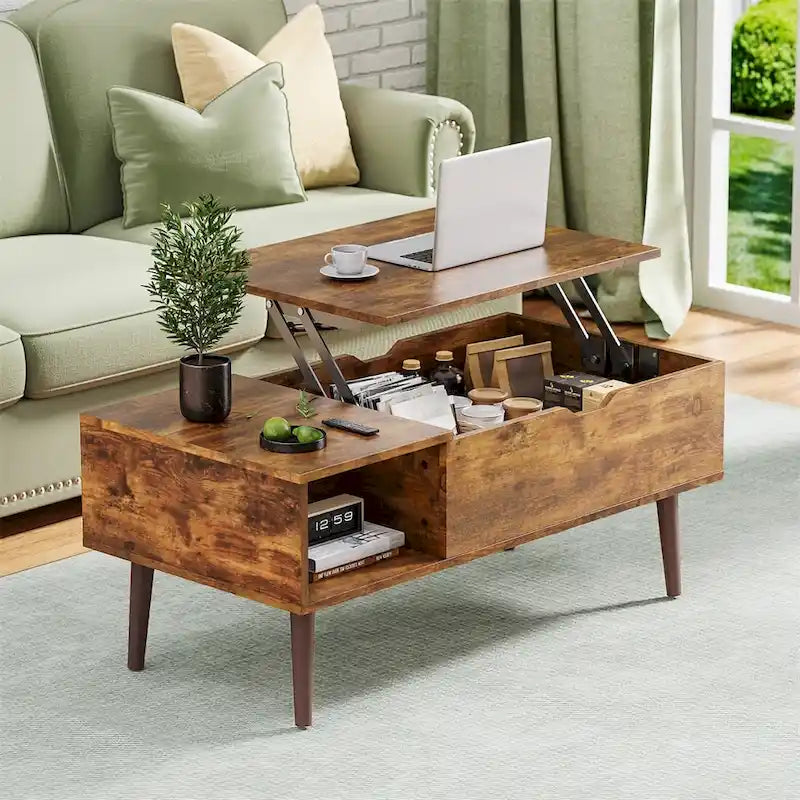 Table basse relevable avec compartiment de rangement caché et fonction bureau convertible