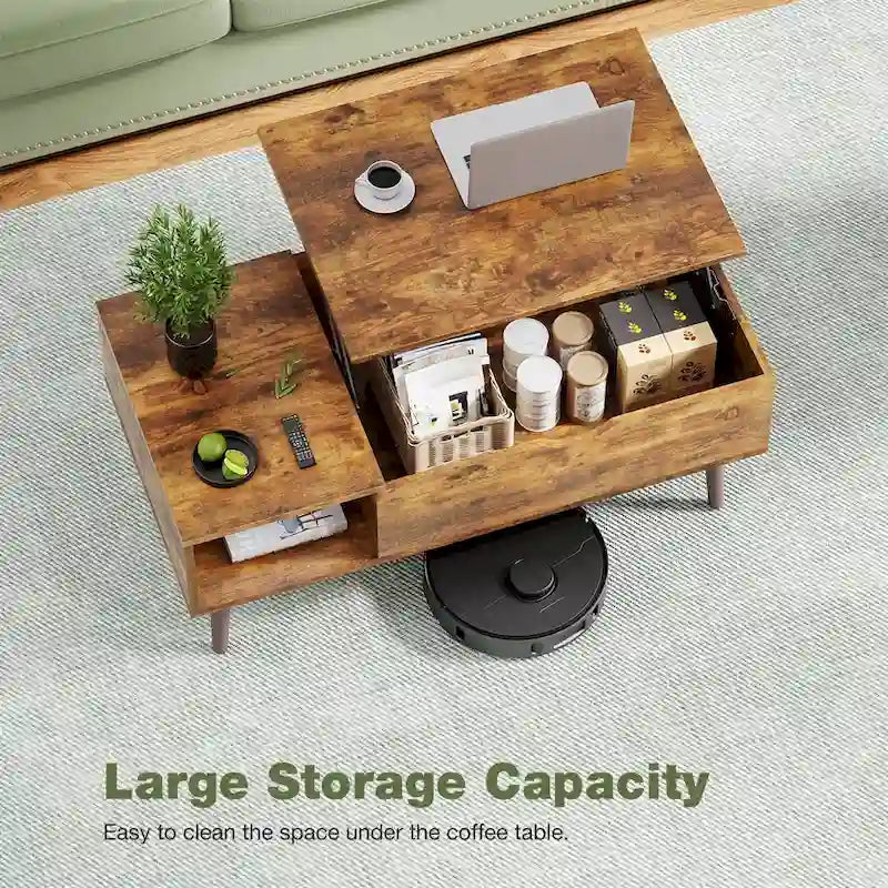 Table basse relevable avec compartiment de rangement caché et fonction bureau convertible