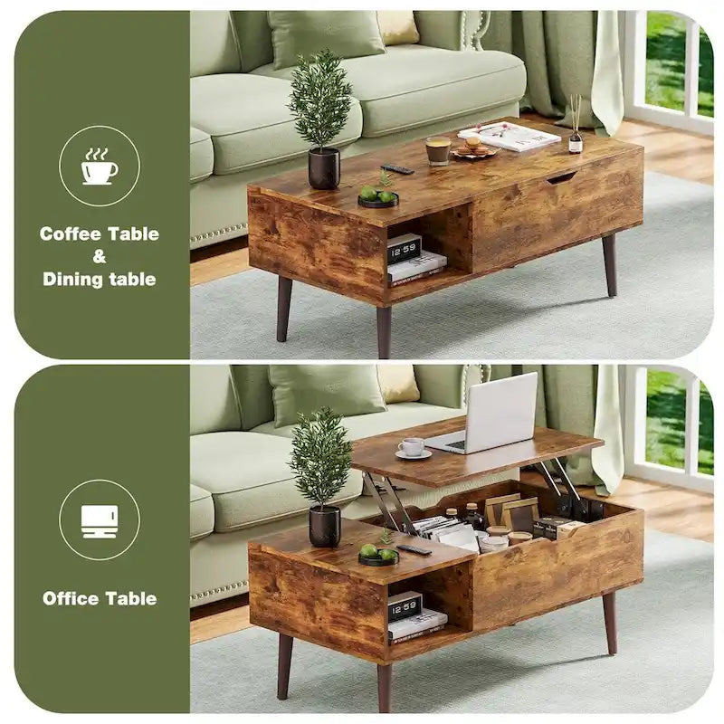 Table basse relevable avec compartiment de rangement caché et fonction bureau convertible