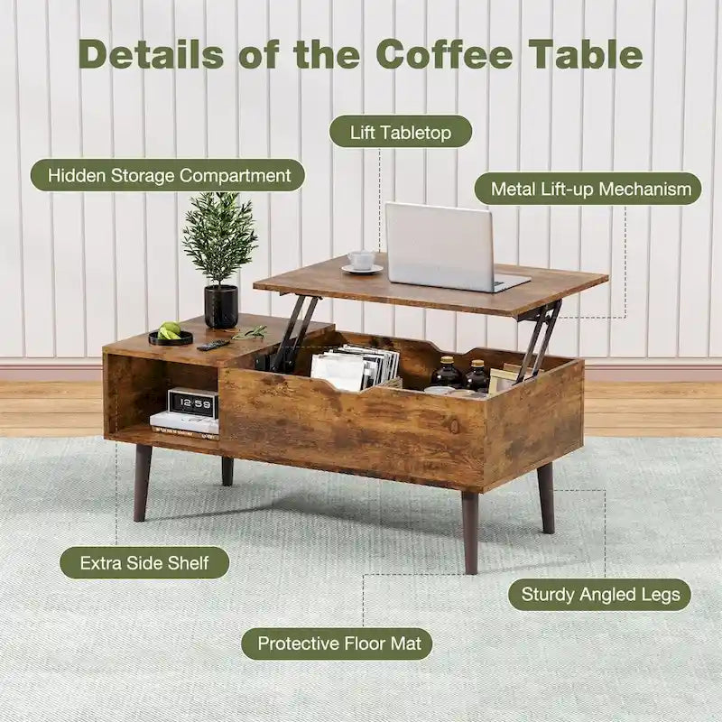 Table basse relevable avec compartiment de rangement caché et fonction bureau convertible