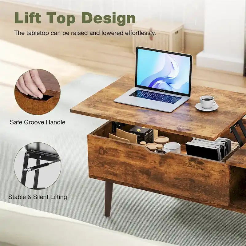 Table basse relevable avec compartiment de rangement caché et fonction bureau convertible