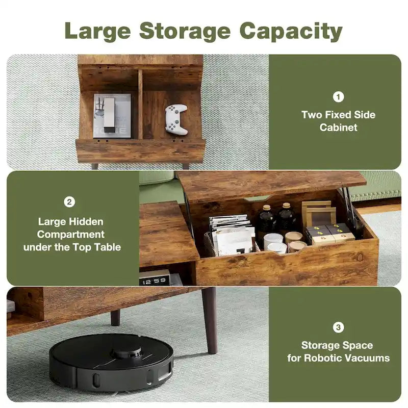 Table basse relevable avec compartiment de rangement caché et fonction bureau convertible