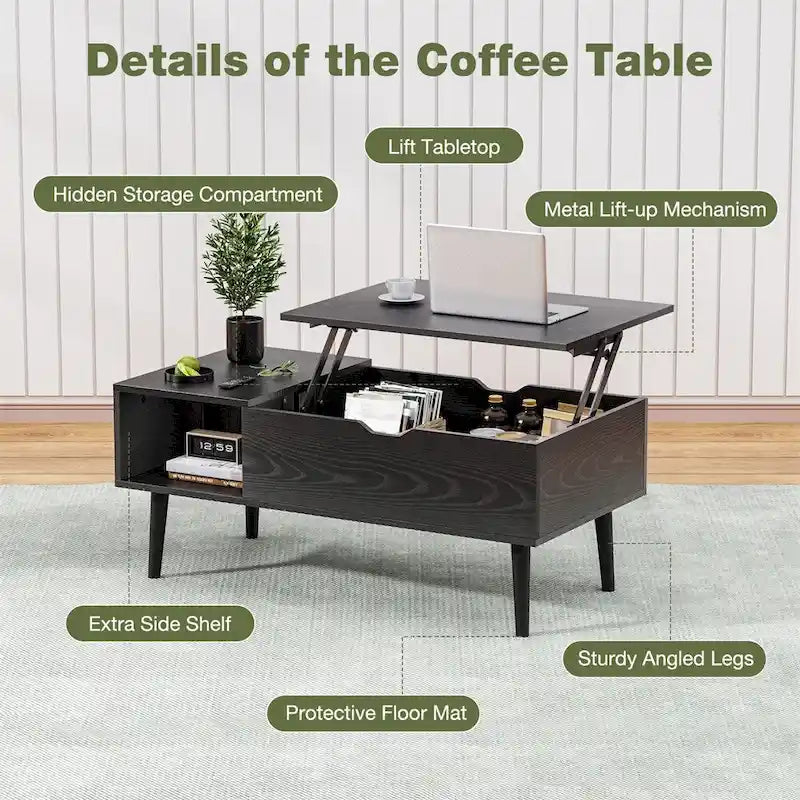 Table basse relevable avec compartiment de rangement caché et fonction bureau convertible