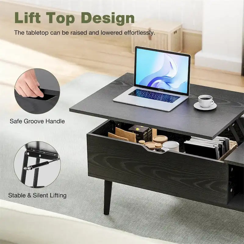 Table basse relevable avec compartiment de rangement caché et fonction bureau convertible