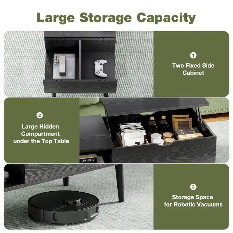 Table basse relevable avec compartiment de rangement caché et fonction bureau convertible
