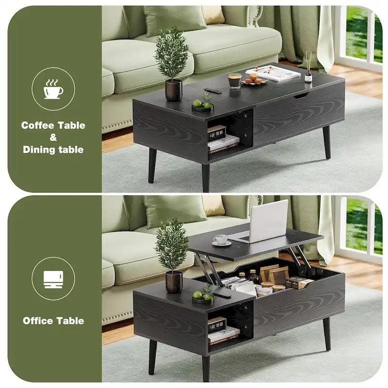 Table basse relevable avec compartiment de rangement caché et fonction bureau convertible