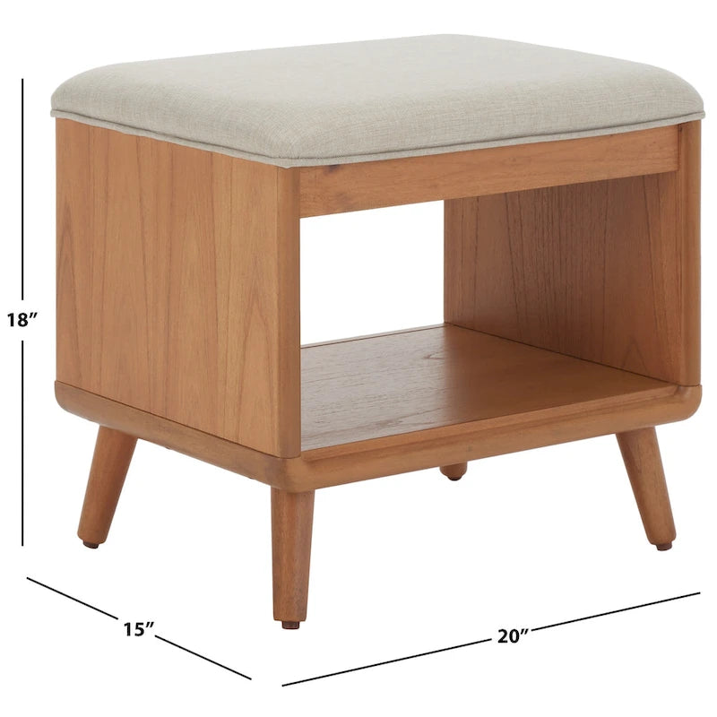 Banc rembourré avec étagère ouverte et pieds effilés