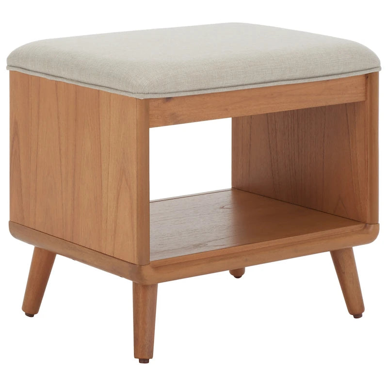 Banc rembourré avec étagère ouverte et pieds effilés