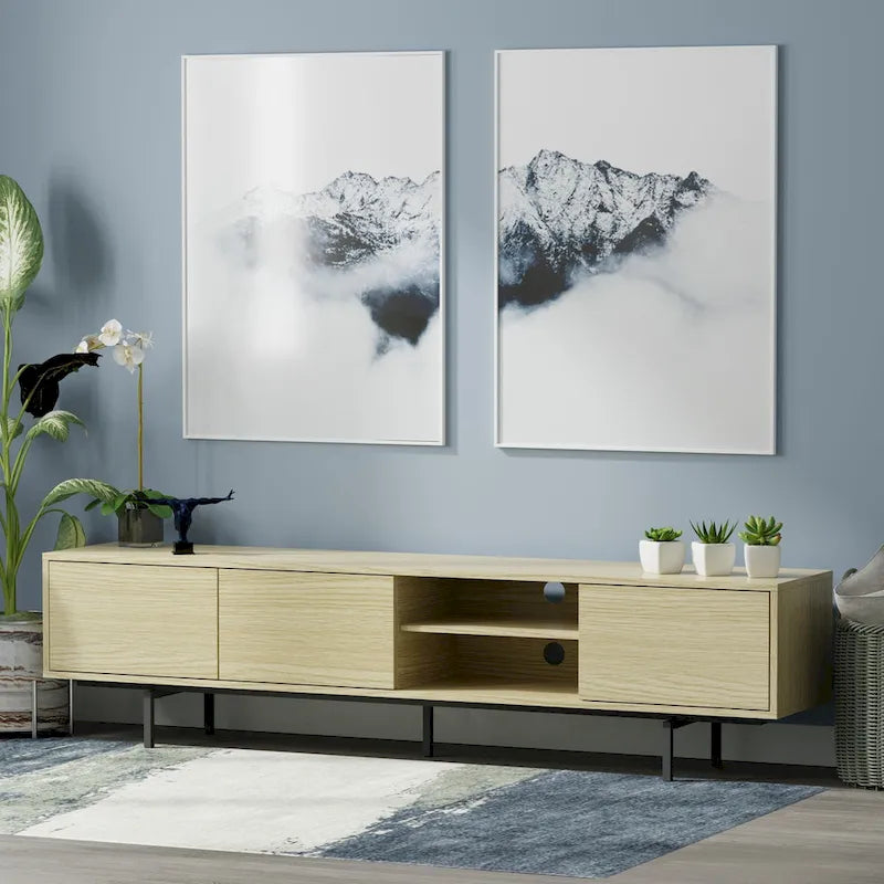 78-Inch Mid-Century Modern Lowboy TV Stand Console with Open Shelf Storage