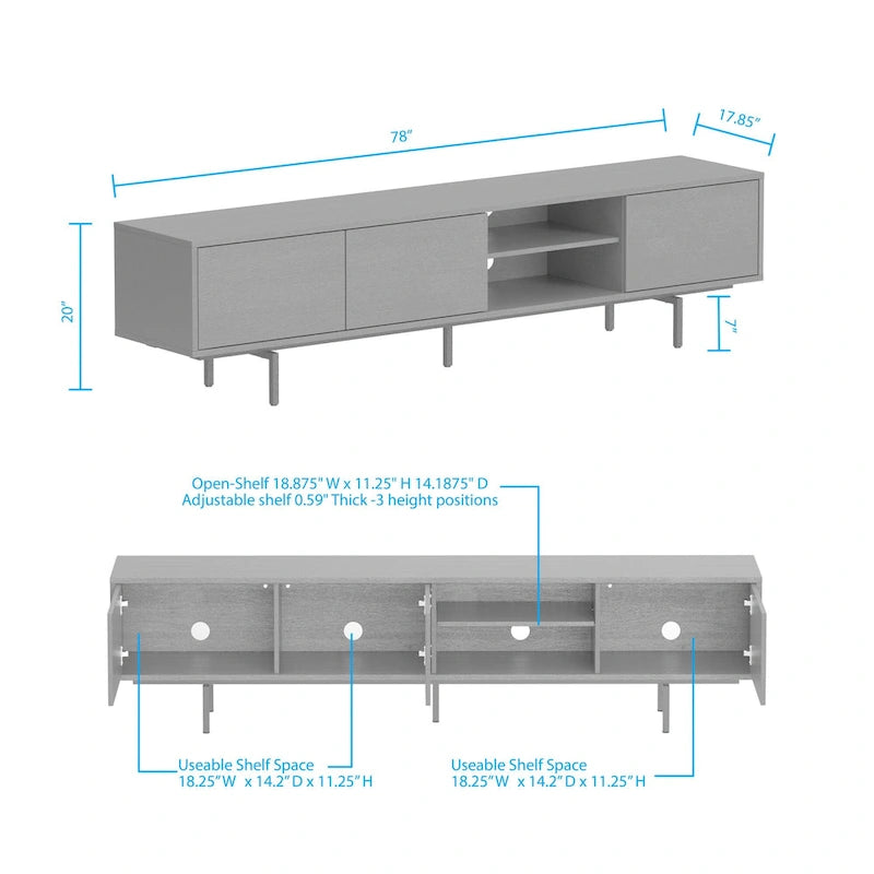 78-Inch Mid-Century Modern Lowboy TV Stand Console with Open Shelf Storage
