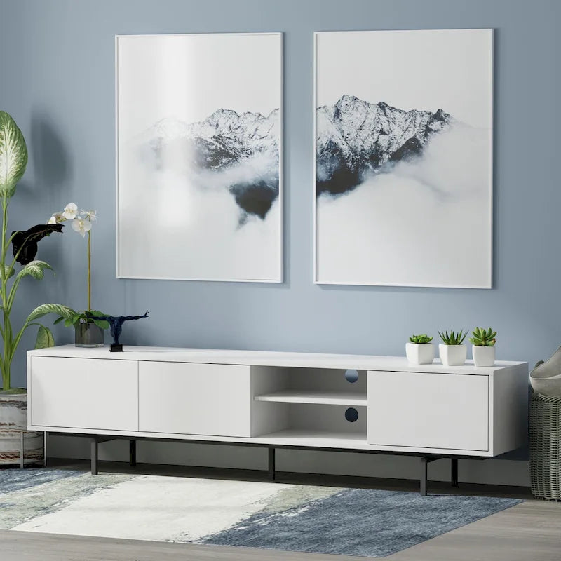 78-Inch Mid-Century Modern Lowboy TV Stand Console with Open Shelf Storage