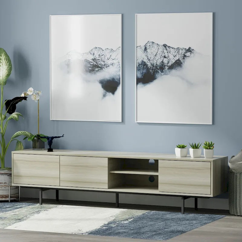 78-Inch Mid-Century Modern Lowboy TV Stand Console with Open Shelf Storage
