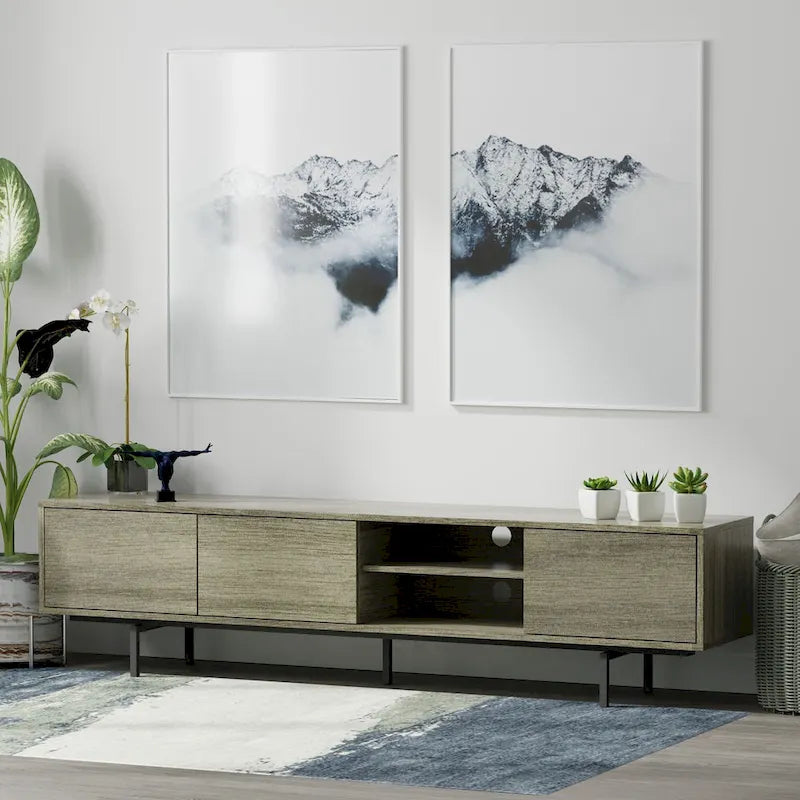 78-Inch Mid-Century Modern Lowboy TV Stand Console with Open Shelf Storage