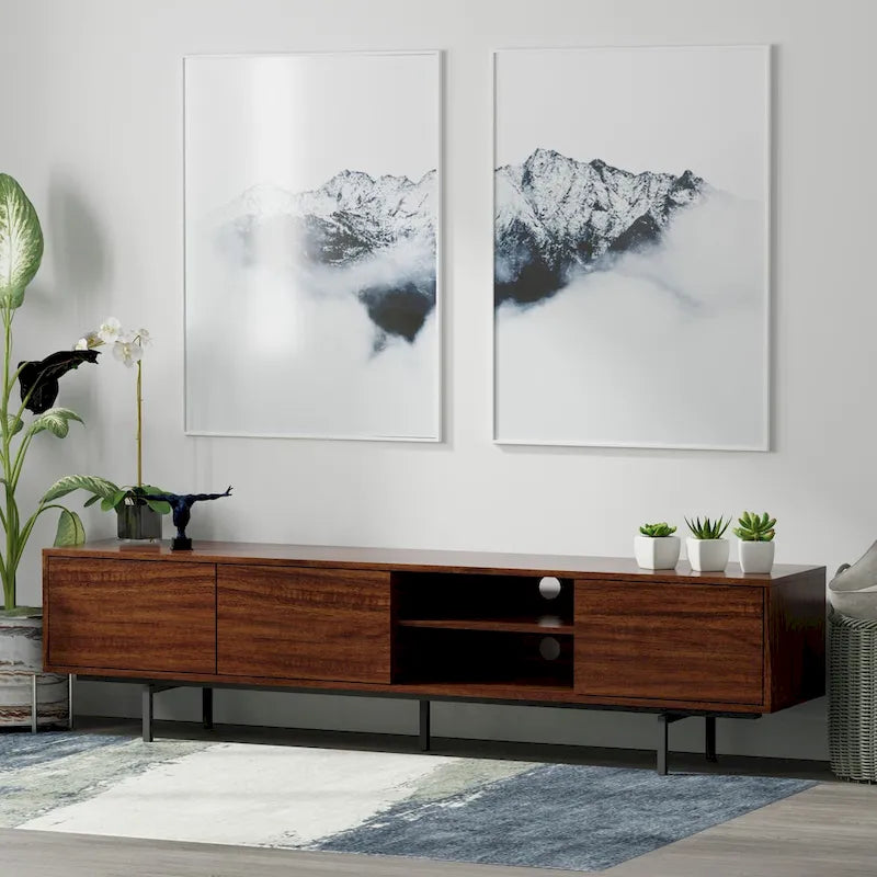 78-Inch Mid-Century Modern Lowboy TV Stand Console with Open Shelf Storage