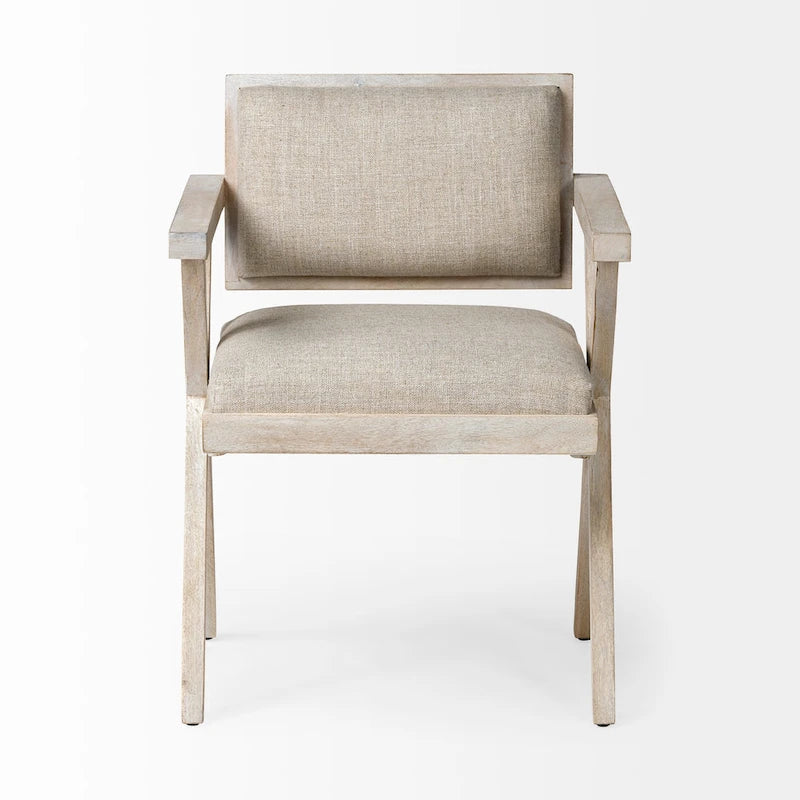 Mango Wood Dining Chair with Cream Fabric Seat and Whitewashed Finish