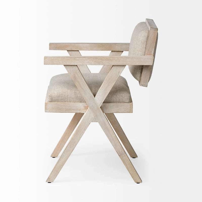 Chaise de salle à manger en bois de manguier avec assise en tissu crème et finition blanchie
