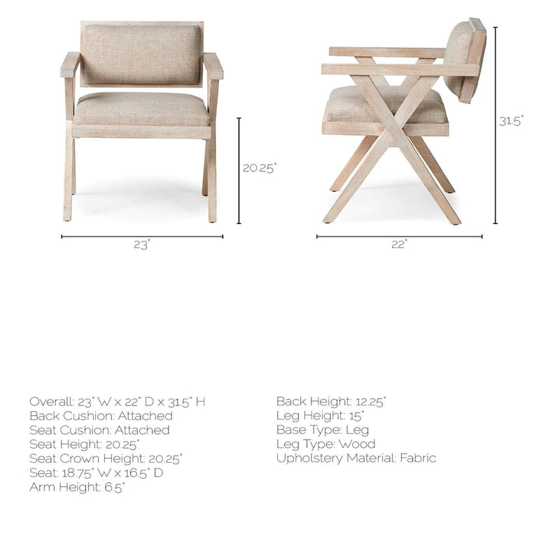 Chaise de salle à manger en bois de manguier avec assise en tissu crème et finition blanchie