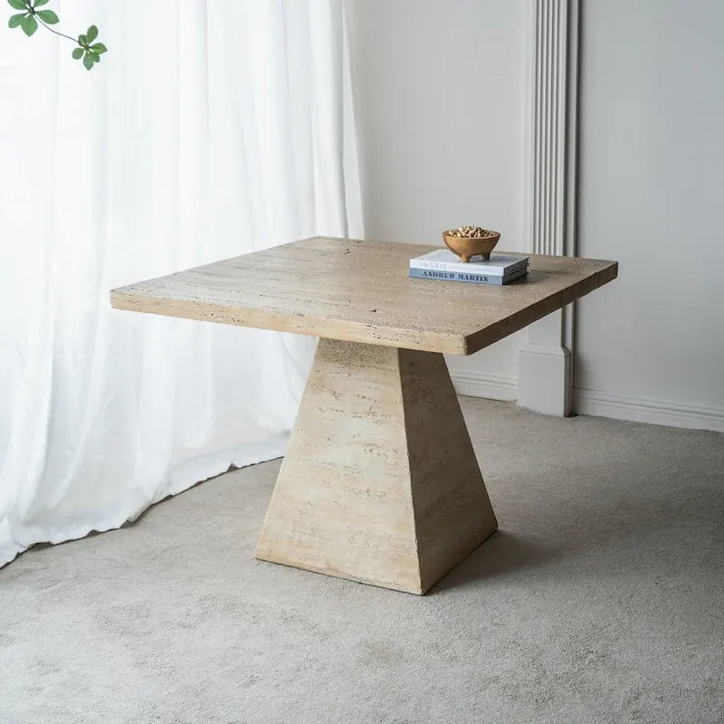 Table à manger carrée en ciment avec piédestal élancé