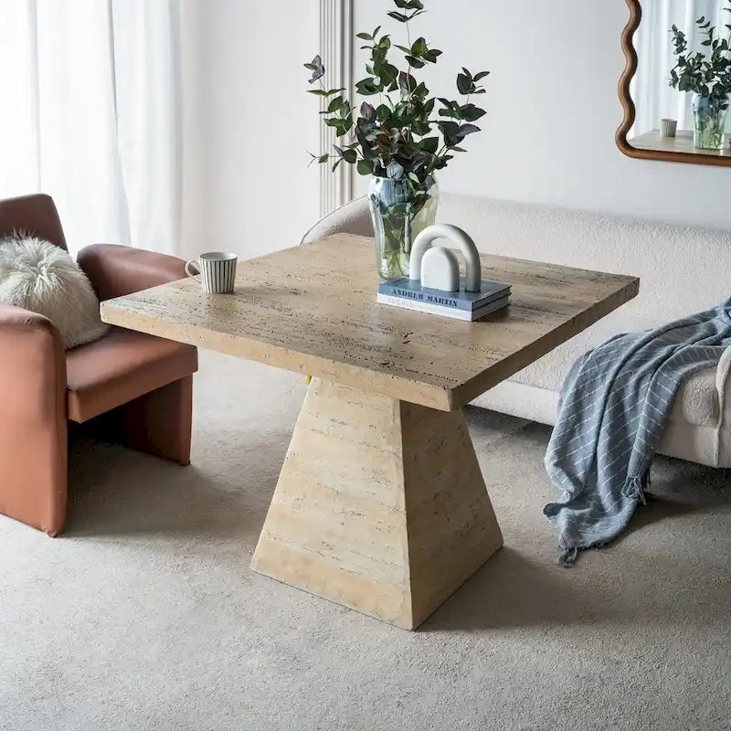 Table à manger carrée en ciment avec piédestal élancé