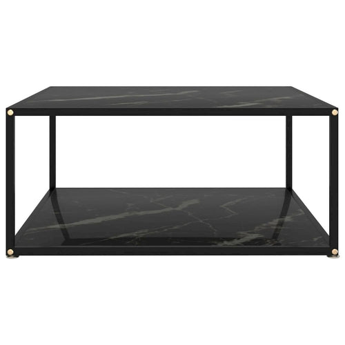 2-Tier Tempered Glass Coffee Table with Marble Texture and Steel Frame