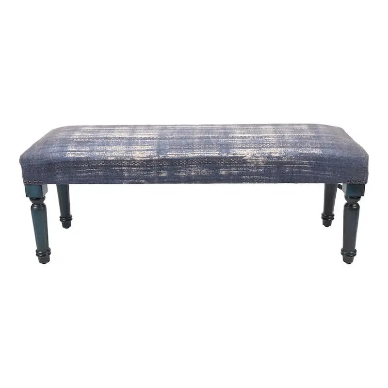 Antique Blue Distressed Upholstered Rectangular Bench