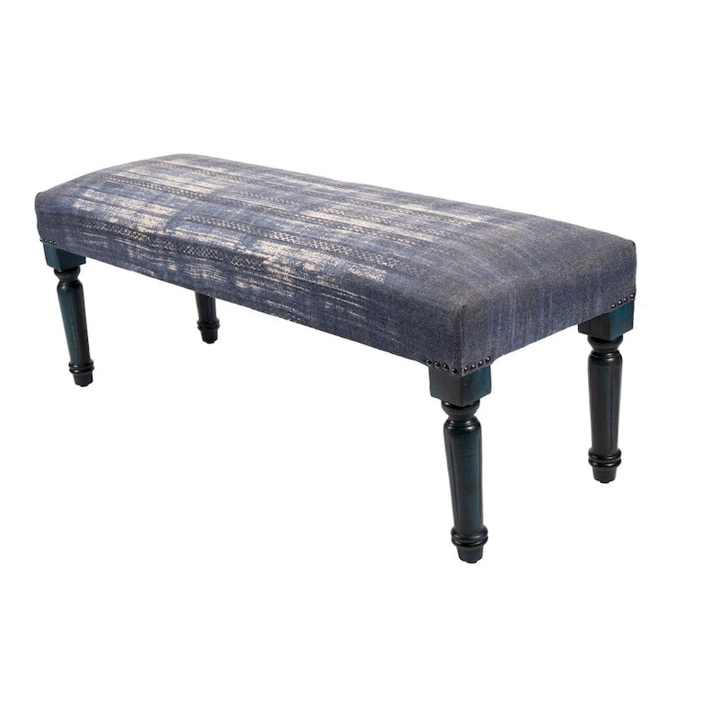 Antique Blue Distressed Upholstered Rectangular Bench