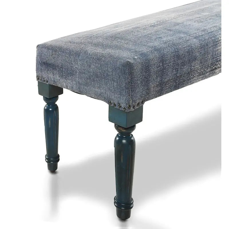 Antique Blue Distressed Upholstered Rectangular Bench