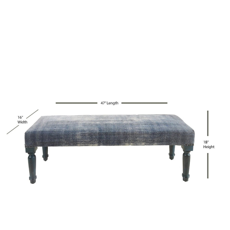 Antique Blue Distressed Upholstered Rectangular Bench