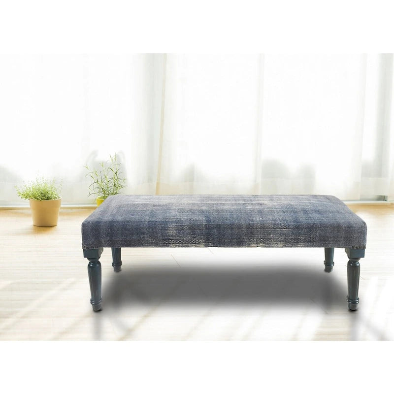 Antique Blue Distressed Upholstered Rectangular Bench
